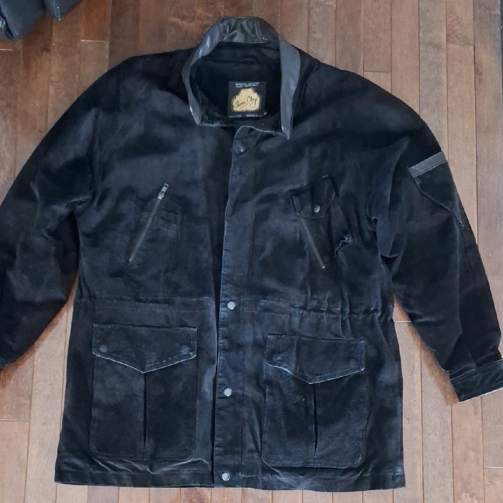 Men's Black Genuine Suede Leather Snap-Up Drawstring Waist Jacket Coat Size Med